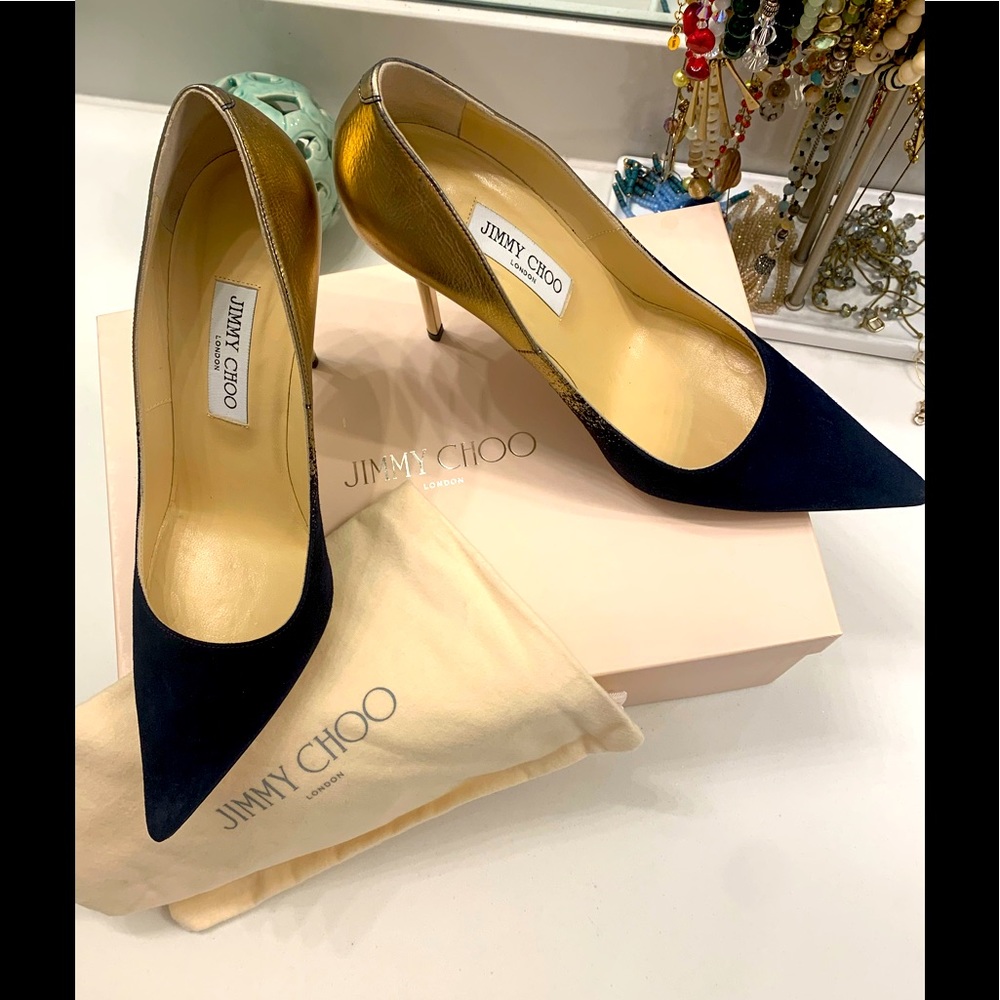 Jimmy Choo Gold and Navy Suede ombré stilettos